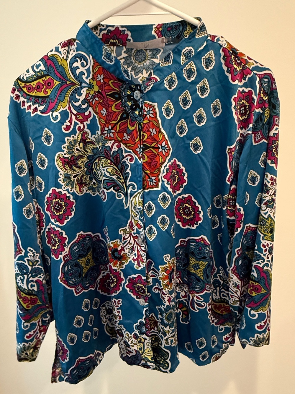 Natori Teal Blue Paisley-Print Button Front Pajama Top